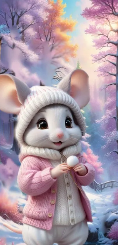 Cute mouse in winter clothes amidst a magical snowy forest.