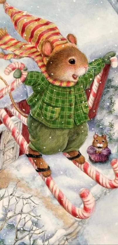 Adorable watercolor mouse skiing with candy canes in a snowy winter scene.