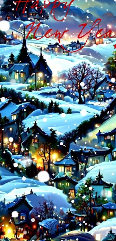 Winter village New Year wallpaper with snow and festive lights.