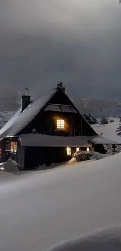 Cozy cabin in snowy landscape under night sky.