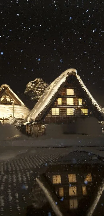 Traditional snow-covered house under starry night sky.