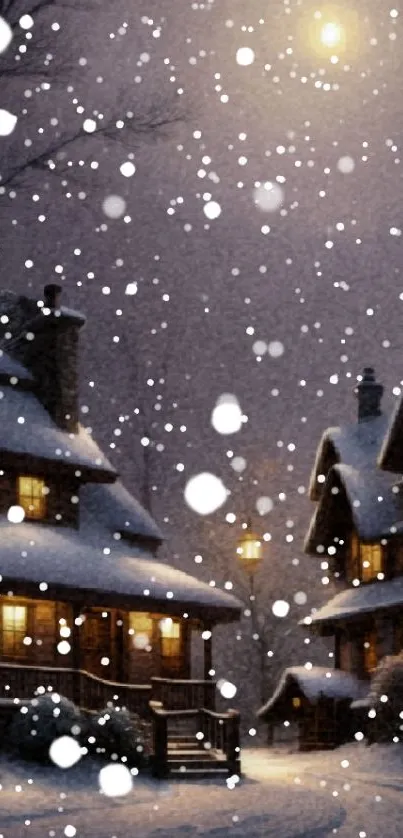 Snowy cottages under a starry winter night sky with warm glowing lights.