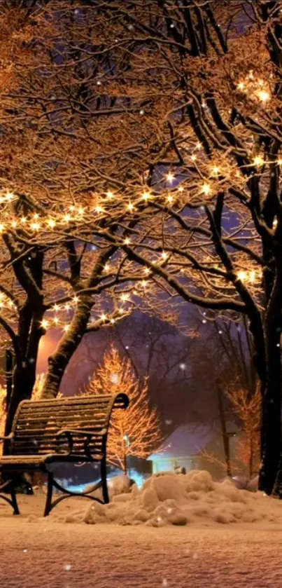 Serene winter night scene with glowing lights in a snowy park.