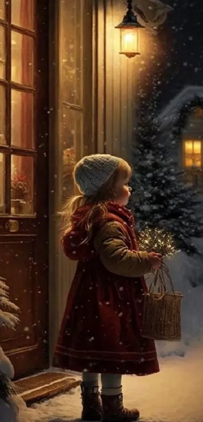 Child in red coat standing by a glowing door during a snowy night.