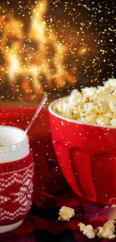 Cozy scene with red mug, popcorn, and fireplace glow.