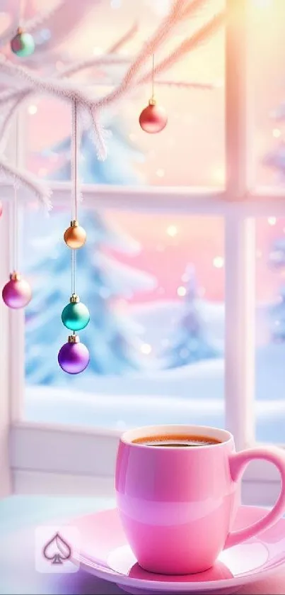 Pastel pink mug with winter views through a window.