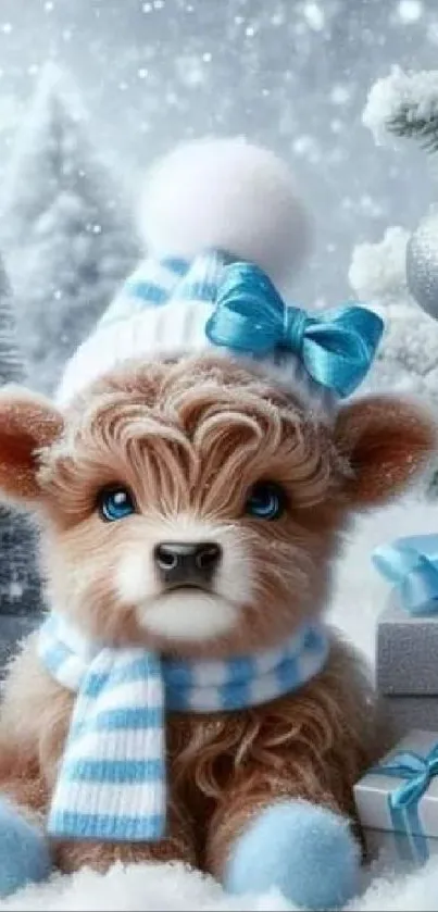 Fluffy puppy in winter setting with blue and white accents.