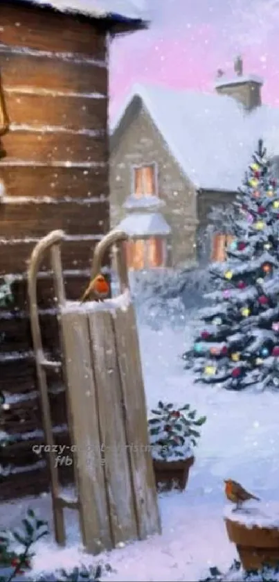 Cozy winter scene with Christmas tree and lantern illumination.