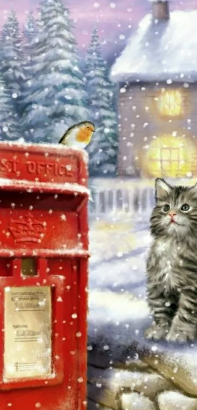 Cute kitten by red postbox in snowy winter scene.