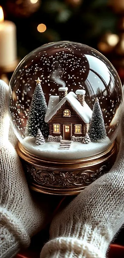 Hands holding a cozy winter snow globe with candles and trees.