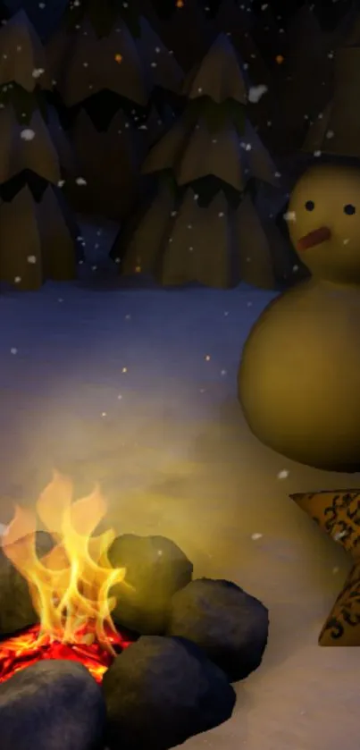 Snowman by a nighttime campfire in a snowy forest.