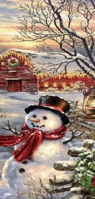 Snowman with top hat near rustic barn in winter landscape.