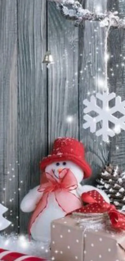 Cozy winter snowman with red hat and holiday decor.