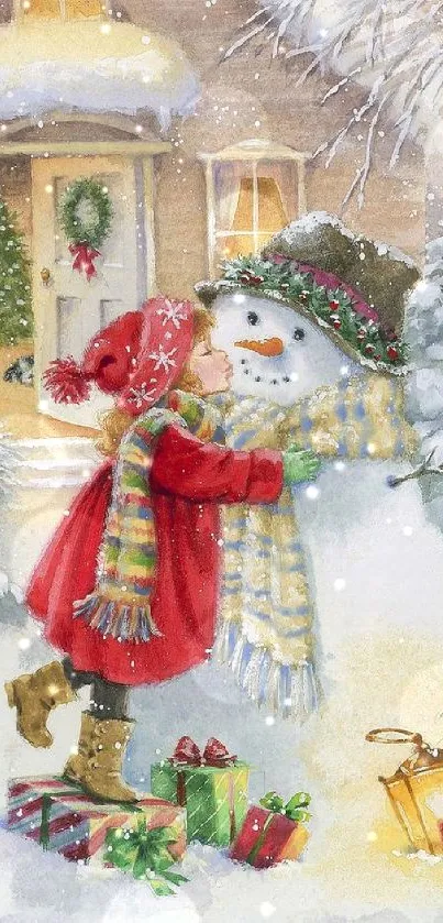 Child hugging a snowman in a snowy winter scene, surrounded by festive gifts.