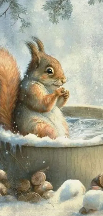 Squirrel in a snowy winter scene enjoying a cozy bath.