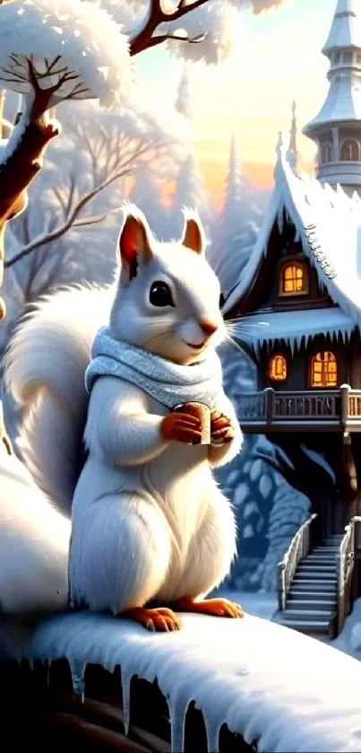Squirrel in snowy forest with cozy house