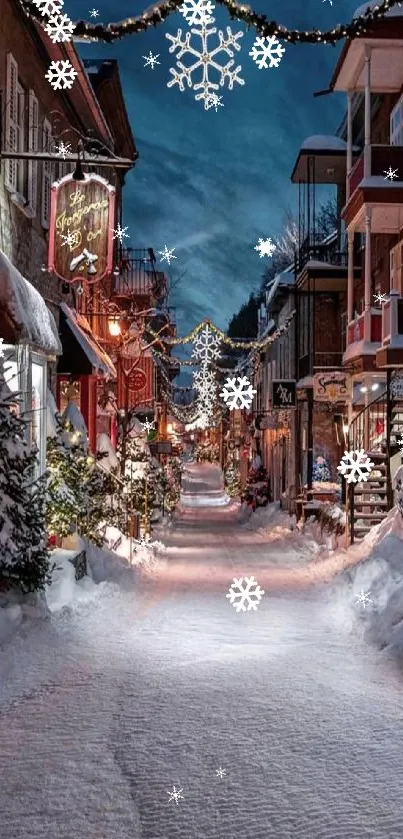 Snowy festive street with lights and snowflakes.