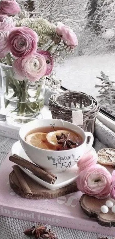 Cozy winter tea scene with pink flowers by a snowy window.