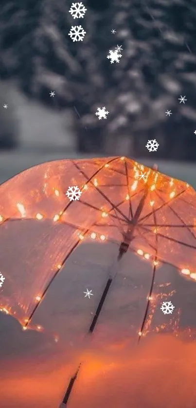 Illuminated umbrella with lights in snowy winter scene.