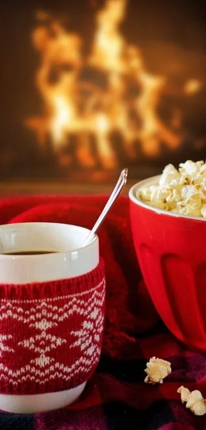 Cozy winter wallpaper with popcorn and coffee by the fire.