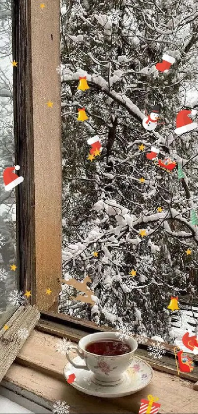 Snowy forest view with tea cup on a rustic window sill.