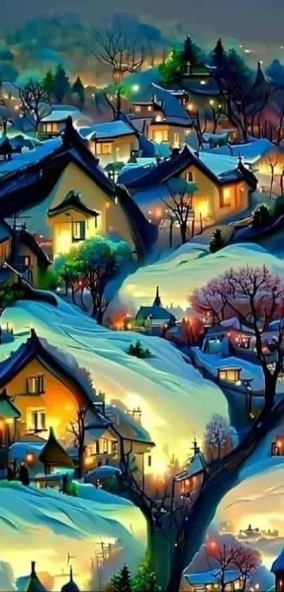 Enchanting winter village with glowing lights and snow-covered rooftops.