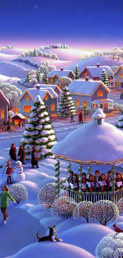 Charming winter village with snow, lights, and festive activities.