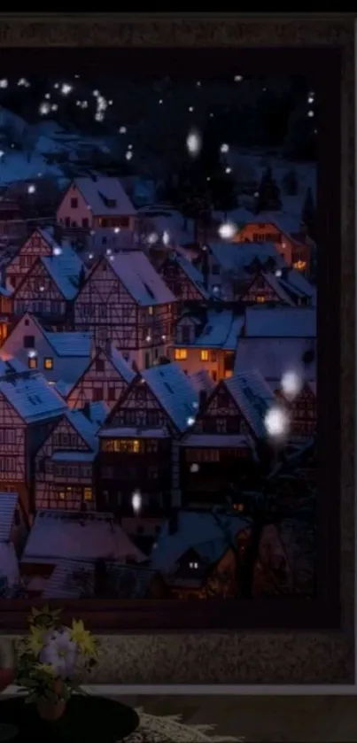 Snowy village at night with glowing windows and a cozy atmosphere.