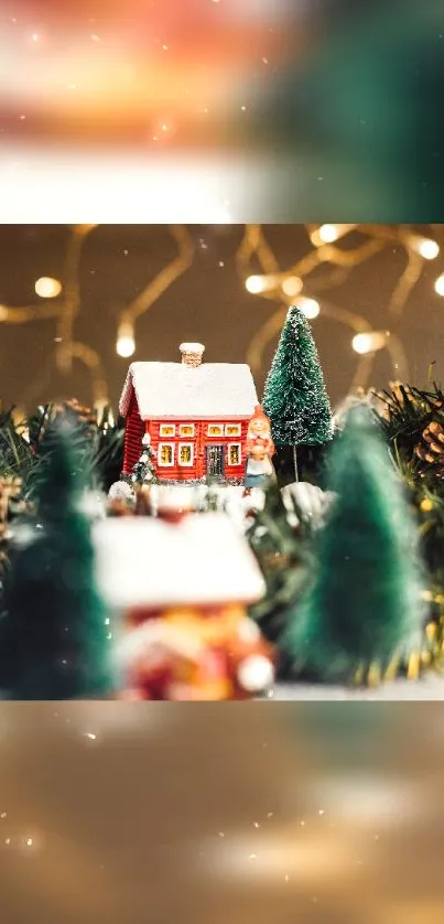 Cozy winter village scene with twinkling lights and decorations.