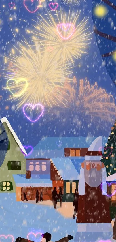 Cozy winter village with fireworks and snow.