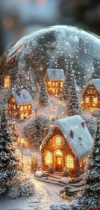 Cozy winter village scene in a snow globe.