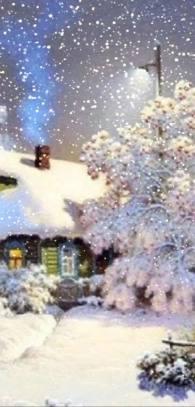 Charming snow-covered winter village scene with cozy cottages.