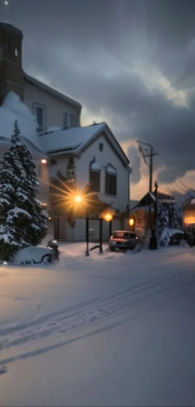 Snowy village street at dusk with glowing street lamps and winter ambiance.