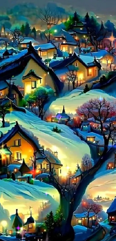 Cozy winter village scene with glowing lights in the snow at night.