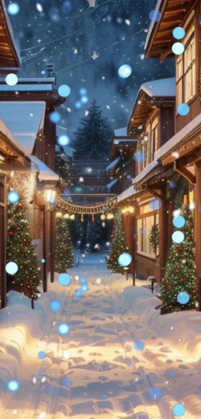 A cozy, snow-covered village at night with festive lights and decorations.