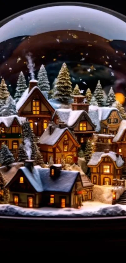 Winter village in a snow globe with twinkling lights and snow-capped roofs.