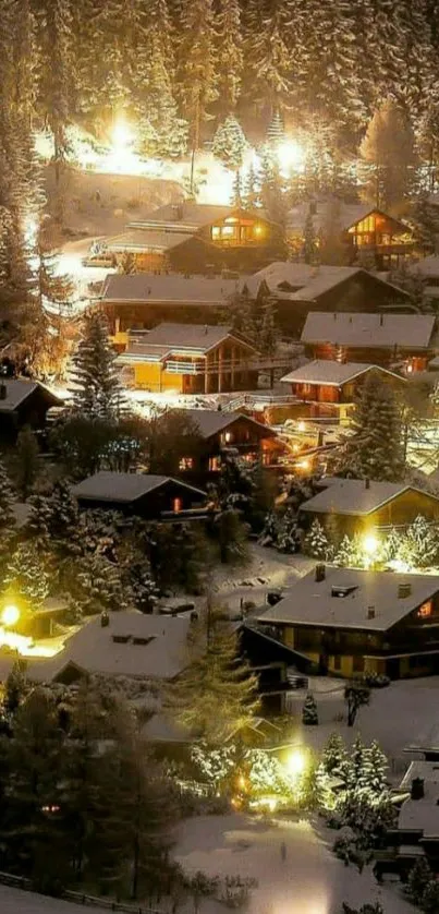 Snowy village with warm lights at night, creating a cozy ambiance.