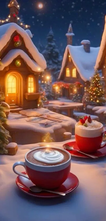 Cozy winter village with snow and lit cottages, featuring red cups of cocoa.