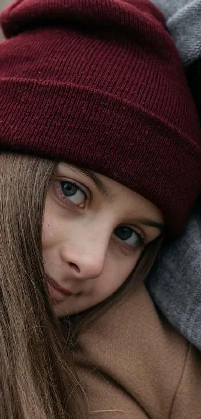 Girl wearing a burgundy beanie for a cozy winter wallpaper.