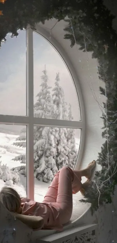 Cozy scene by a large round window with winter snow outside.