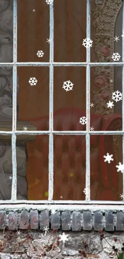 Cozy winter scene with snowflakes outside a vintage window.