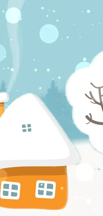 Cozy winter cottage under a snowy sky.