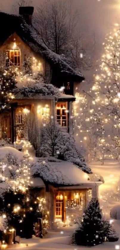 Snow-covered cottage illuminated by festive lights in winter night scene.