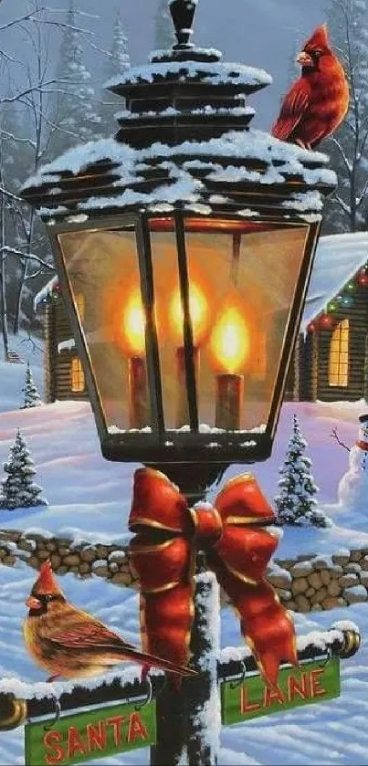 Cozy winter scene with cardinals, snowman, and lantern by a cabin.