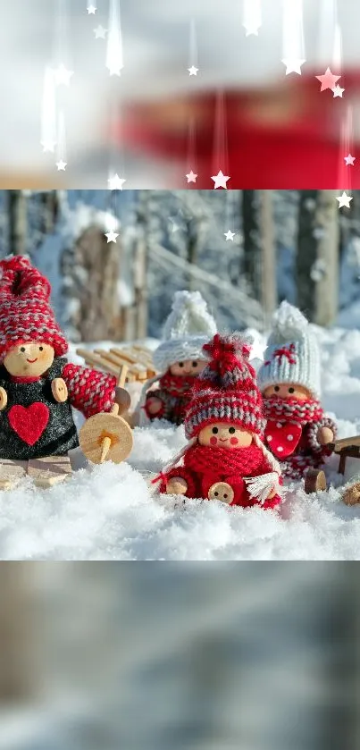 Knitted figures in snowy winter wonderland with festive charm.