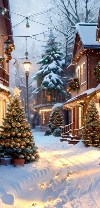 Charming snow-covered village street with festive Christmas decor.