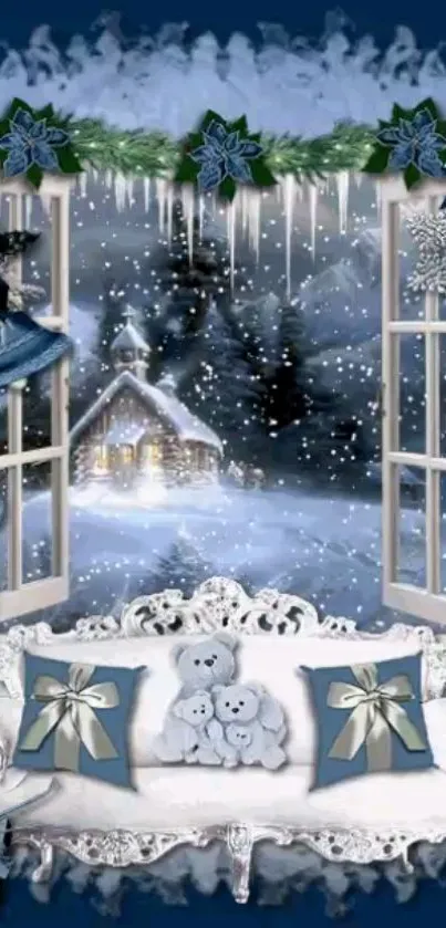 Cozy winter cabin view with festive decorations.