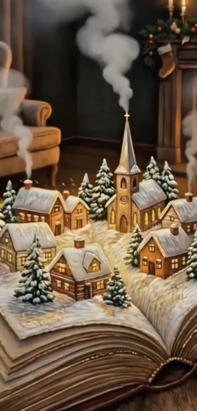 Miniature snowy village on open book with cozy ambiance.