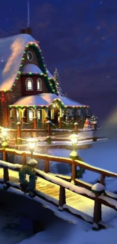 Cozy cabin with snow and holiday lights in a winter village setting.