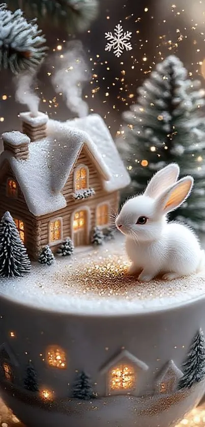 Winter scene with snow-covered cottage and rabbit.